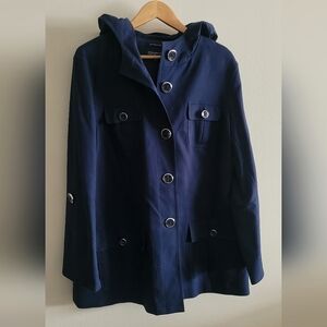 Jones New York classic navy hooded rain coat Women's XL mid length jacket